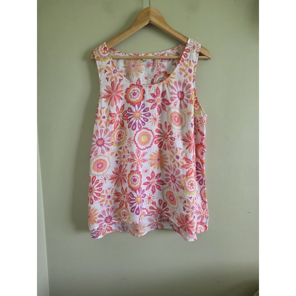 J.Jill Sz L Summery Breezy Pink Bold Floral Printed 100% Linen Tank Top Shirt